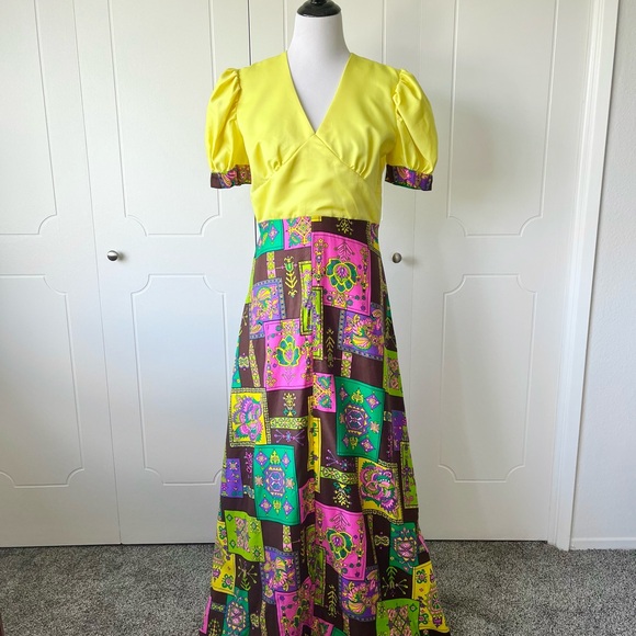 Vintage Yellow Patchwork Maxi Dress - Picture 3 of 10